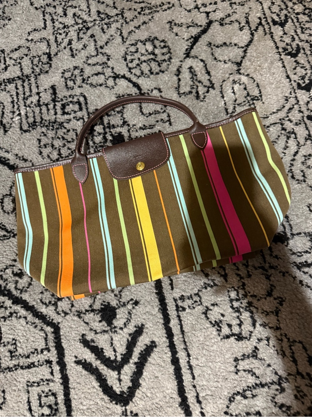Longchamp Striped Canvas Leather Tote Brown Multicolor